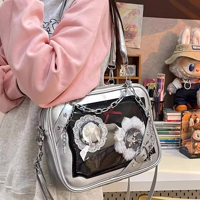 Y2K Cool Hot Ita Shoulder Bag Harajuku Girls Gothic Chain Transparent Tote Bag Large Capacity Crossbody Bag DIY Display Handbags