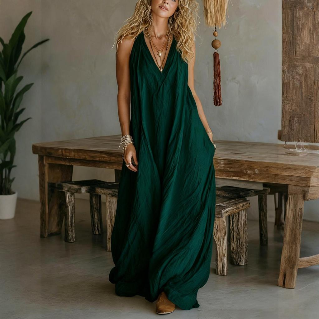 Women's Fashionable Casual Sleeveless Loose Pocket Long Dress