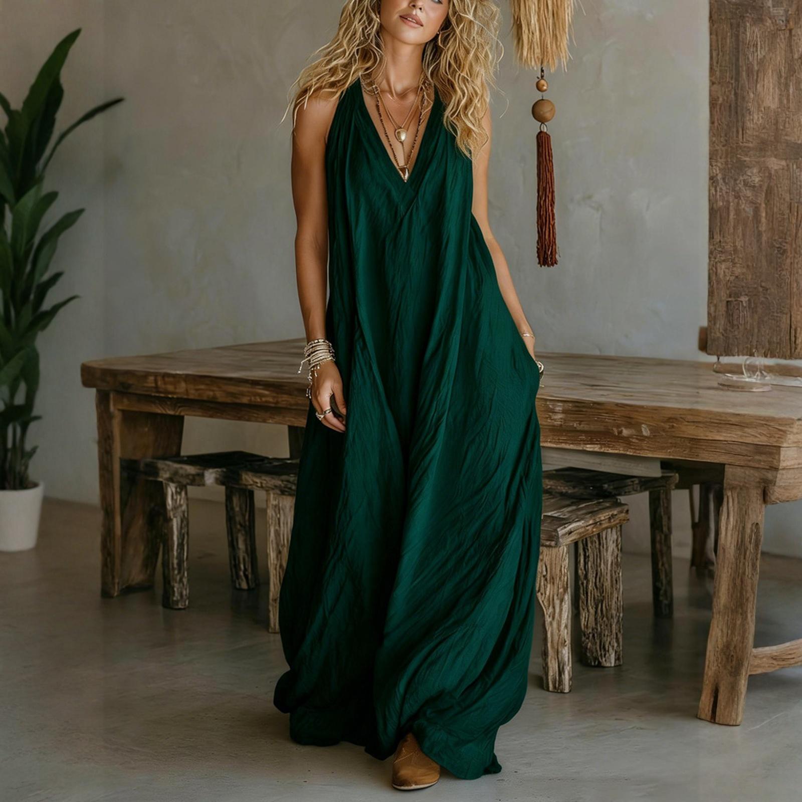 Women s Fashionable Casual Sleeveless Loose Pocket Long Dress L темно-зеленого
