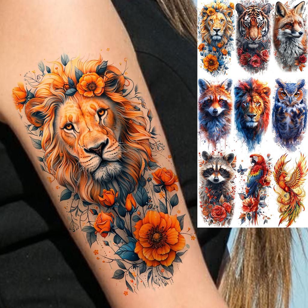 1 list Unikátní Akvarelový Lev Tygr Zvířata Dočasné Tetování Dlouhotrvající Vodotěsný Liška Sova Falešná Tetovací Nálepka Body Art Tetování