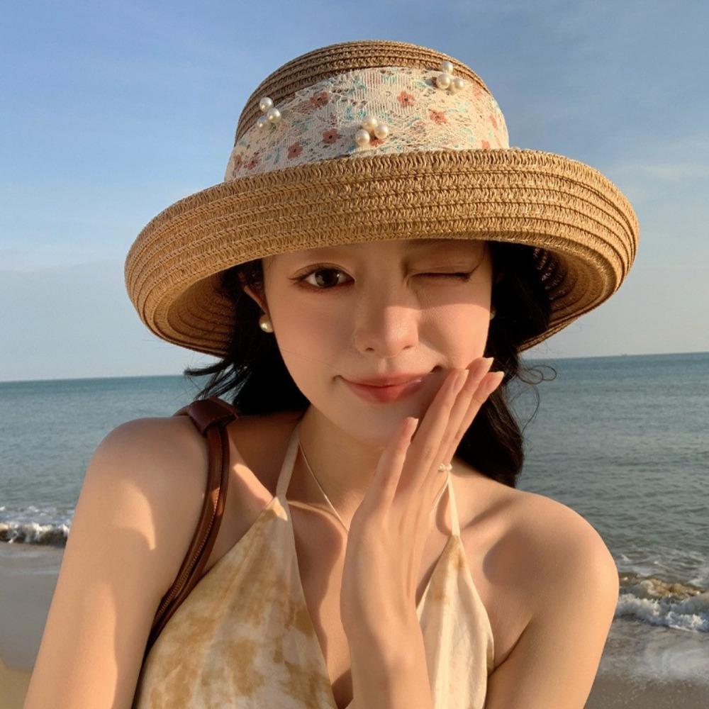 Lace Bowknot Sun Hat Large Brim Beach Hat Sweet Straw Hat  Women