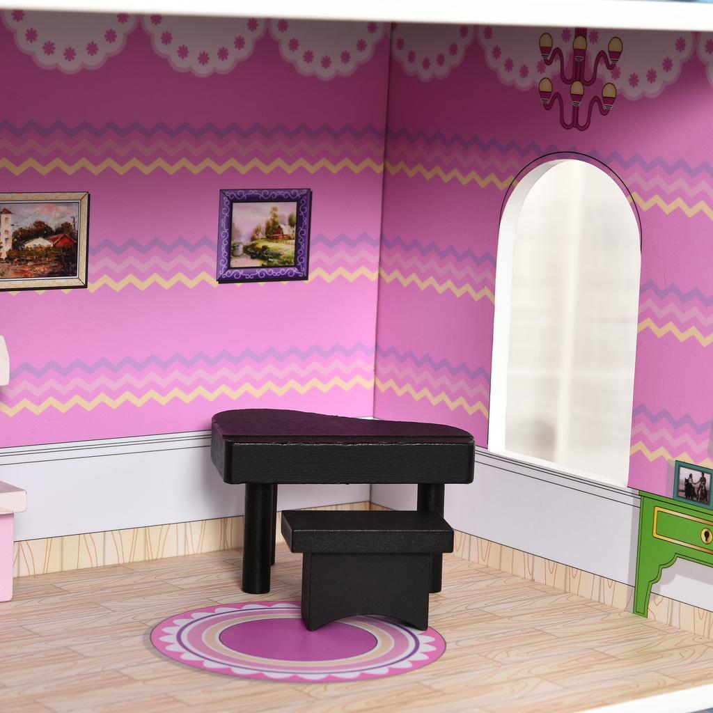 Dollhouse, Wooden 3-Story, Patio, 86 x 30 x 87 cm, 13-Piece Furniture Set, Pink