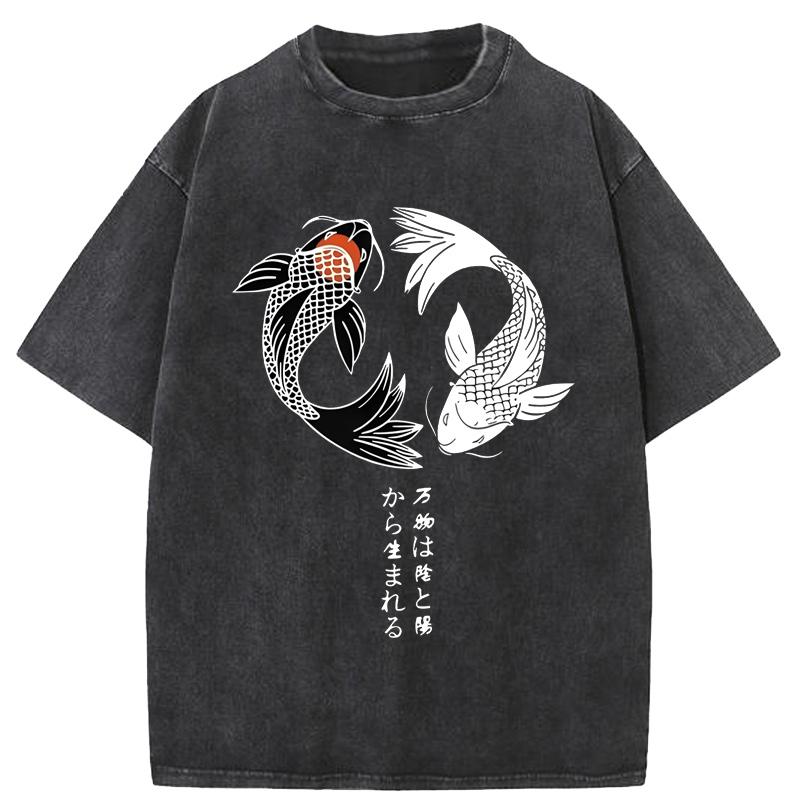Japanese Koi Harajuku Illustration Pattern Washed TShirt Men Summer Casual T Shirt Soft Fashion Short Sleeve Cotton