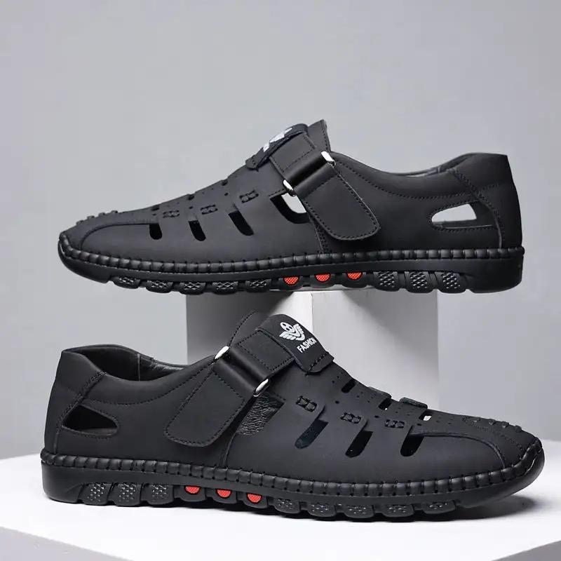 2024 Sandali da Uomo Moda Sandalo in Pelle Traforato Traspirante Sandalo Casual Outdoor Antiscivolo Piatti Sandali da Spiaggia da Uomo Zapatos