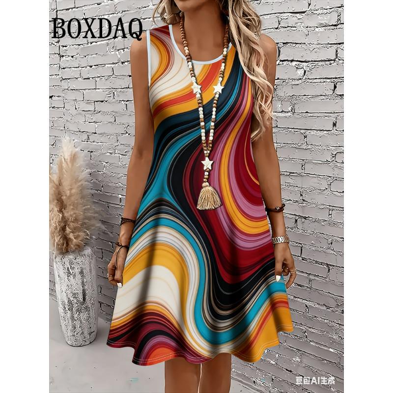 Sundress Sleeveless Beach Dress Fashion Abstract Marble Textured 3D Printed Women Dresses Casual Elegant Loose Summer Clothes
