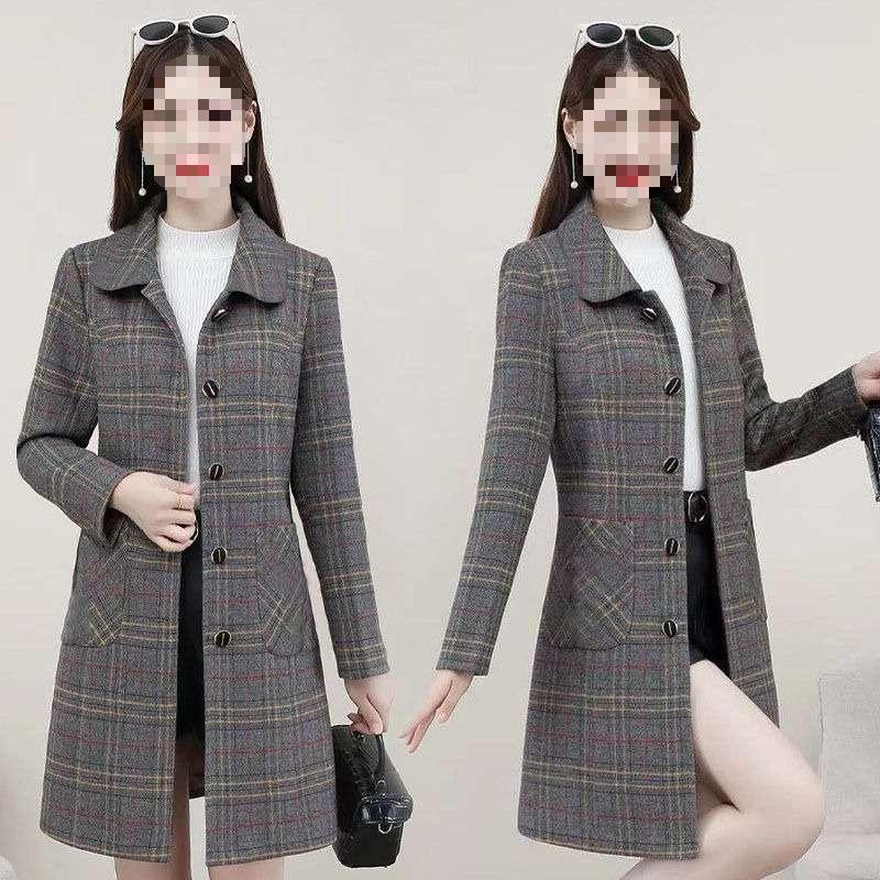 Plus Size Plaid Wool Coat for Middle-Aged Women - Trendy Autumn & Spring Style