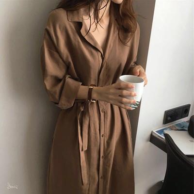Vestido Chemise com Amarração na Cintura Feminino Cor Sólida Saia Primavera Estilo Coreano Solto Estudante Senhora Francesa Vestido Moderno