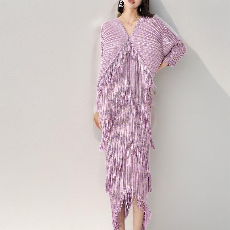 2024 Spring European & American Tassel Pleated Maxi Dress for Women