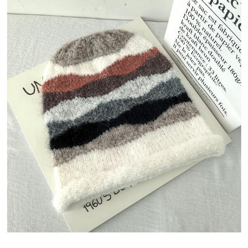 Korean Style Color Block Striped Knitted Beanie Women Autumn Winter Warm Ear Protection Slouchy Cold Hat