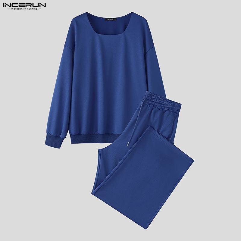 INCERUN 2PCS Men Square Collar Long Sleeve Thin Sweatshirts Long Pants Sports Sets