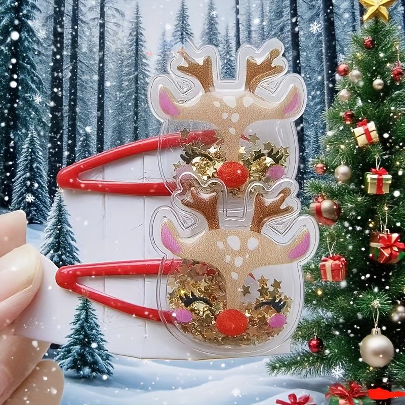 1 Pair Cute Christmas Hair Clips for-Snowman,Reindeer & Tree Hair Accessories with Glittery Red Elastics,Ponytail & Bangs Clips