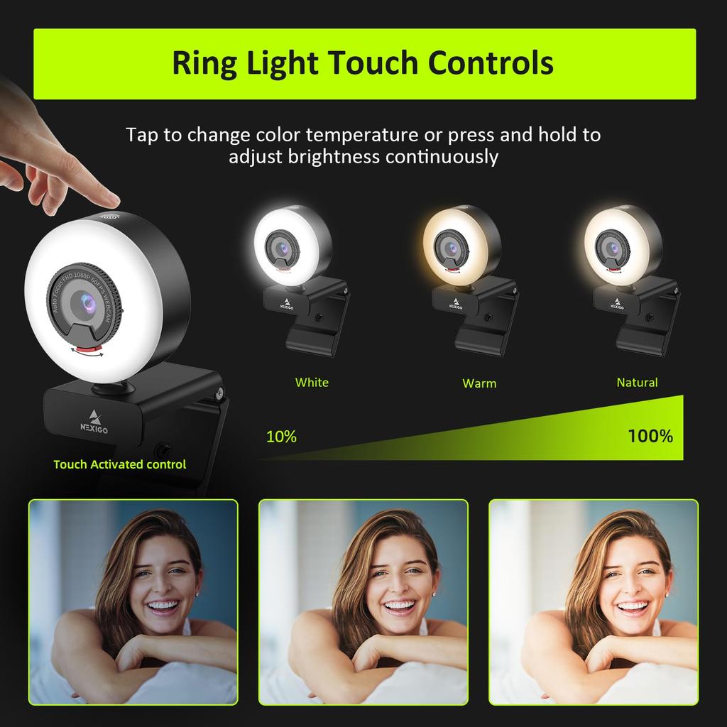 NexiGo N960E Webcam 60fps with Automatic Brightness Stepless 3 Color PC Privacy USB 2 Stereo Software Compatible with Zoom Light, 1080P, Correction,