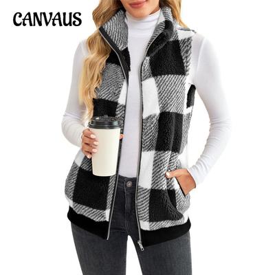 Damevest Rutet komfort Fleece Cardigan Vest Stående krage Ermeløs vest