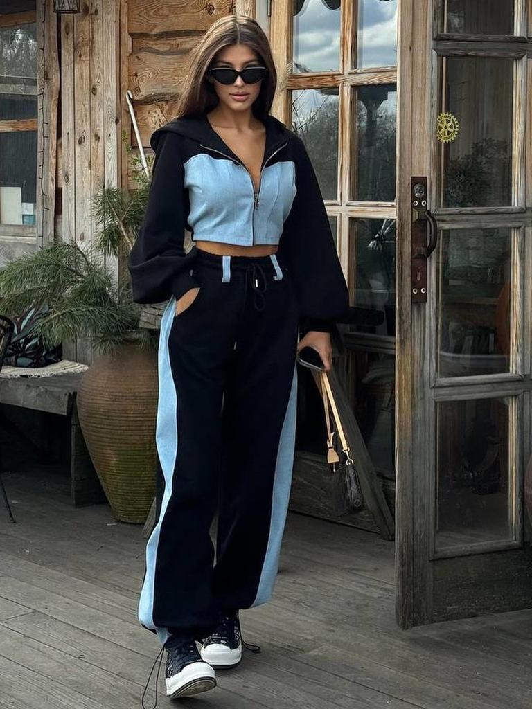Modisches Freizeit-Hoodie-Set Denim-Patchwork mit Reißverschluss Langarmhose Damen-Outfit 2-teiliges Set