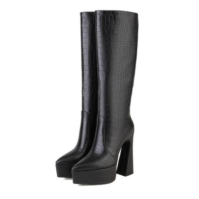 Mode 2025 Nieuwe Supervezel Leer Platform Knielaarzen Dames Warme Winter Mode Lange Laarzen 14cm Zwart Wit Maat 34-45 Hoge Hakken