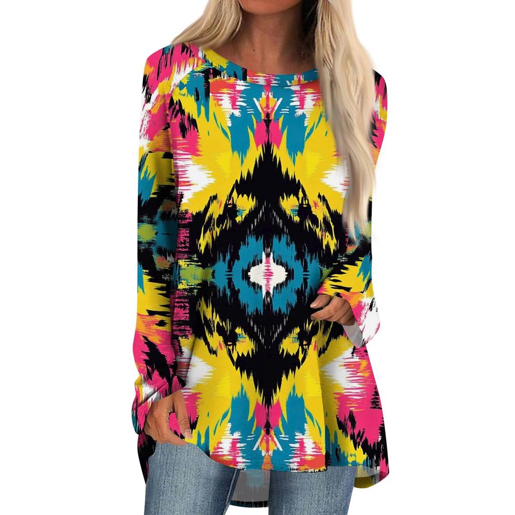 Women's Fashion Casual Long Sleeve  Print Round Neck Pullover Top Blouse