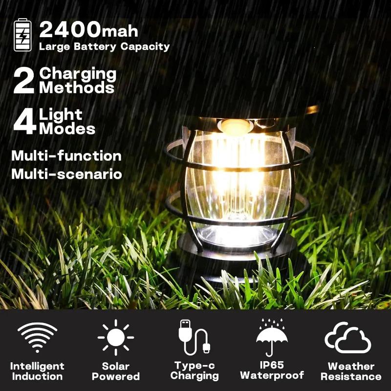 Solární venkovní kempingová lucerna s knoflíkem Vintage kempingové světlo 1200mAh Ruční kempingová lampa pro turistiku Nouzové