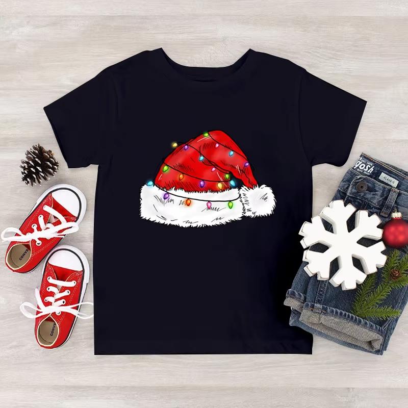 

Kids Tshirts with fun Christmas hat printscartoon style tops versatile Christmas holiday childrens clothing S