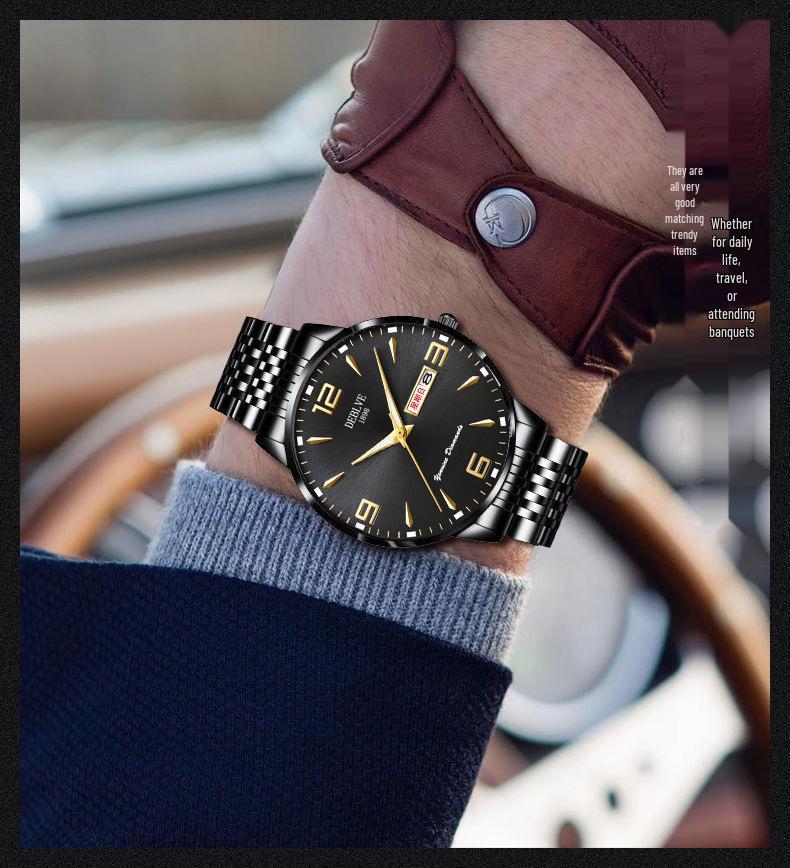Men's Ultra-Thin Luminous Waterproof Alloy Wristwatch with English-Chinese Calendar and Solid Steel Band