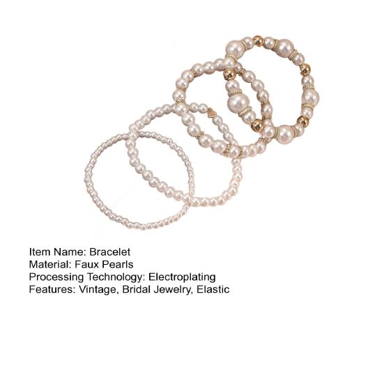 4Pcs Faux Pearl Bracelet Set Simulated Pearl Beaded French Vintage Bracelet Stretch Golden Bead Faux Pearl