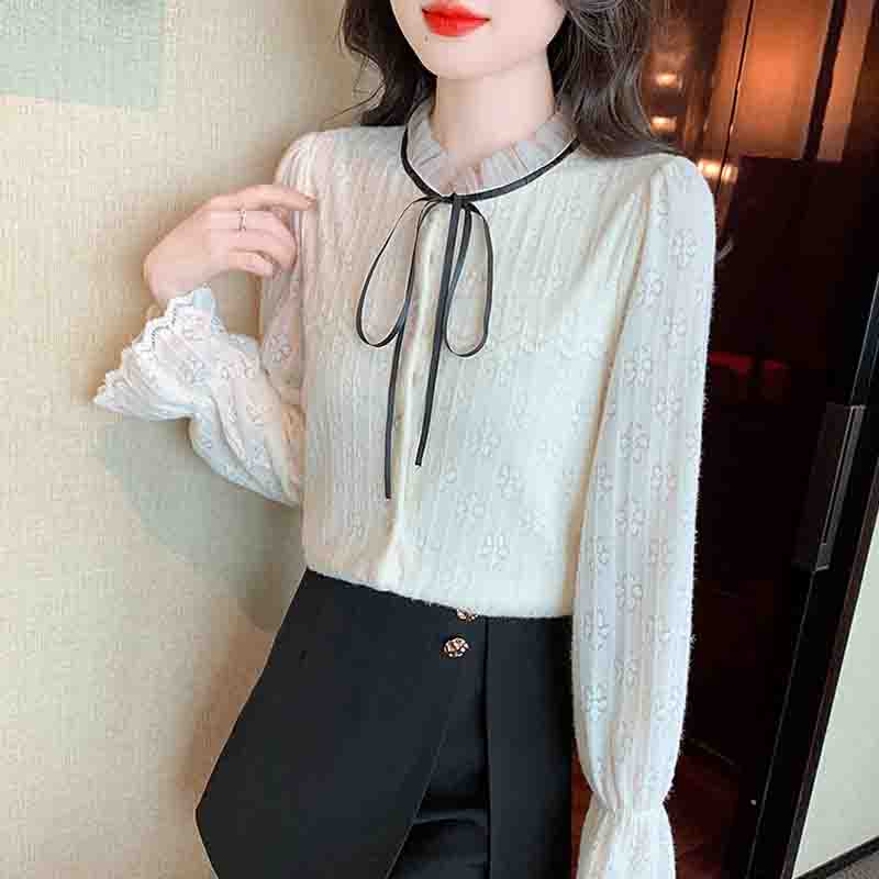 Winter Fashion New 2024 Long Sleeve Lace Up Stand Collar Apricot Velvet Lace Blouse Shirt Women Tops Blouses Shirts J811