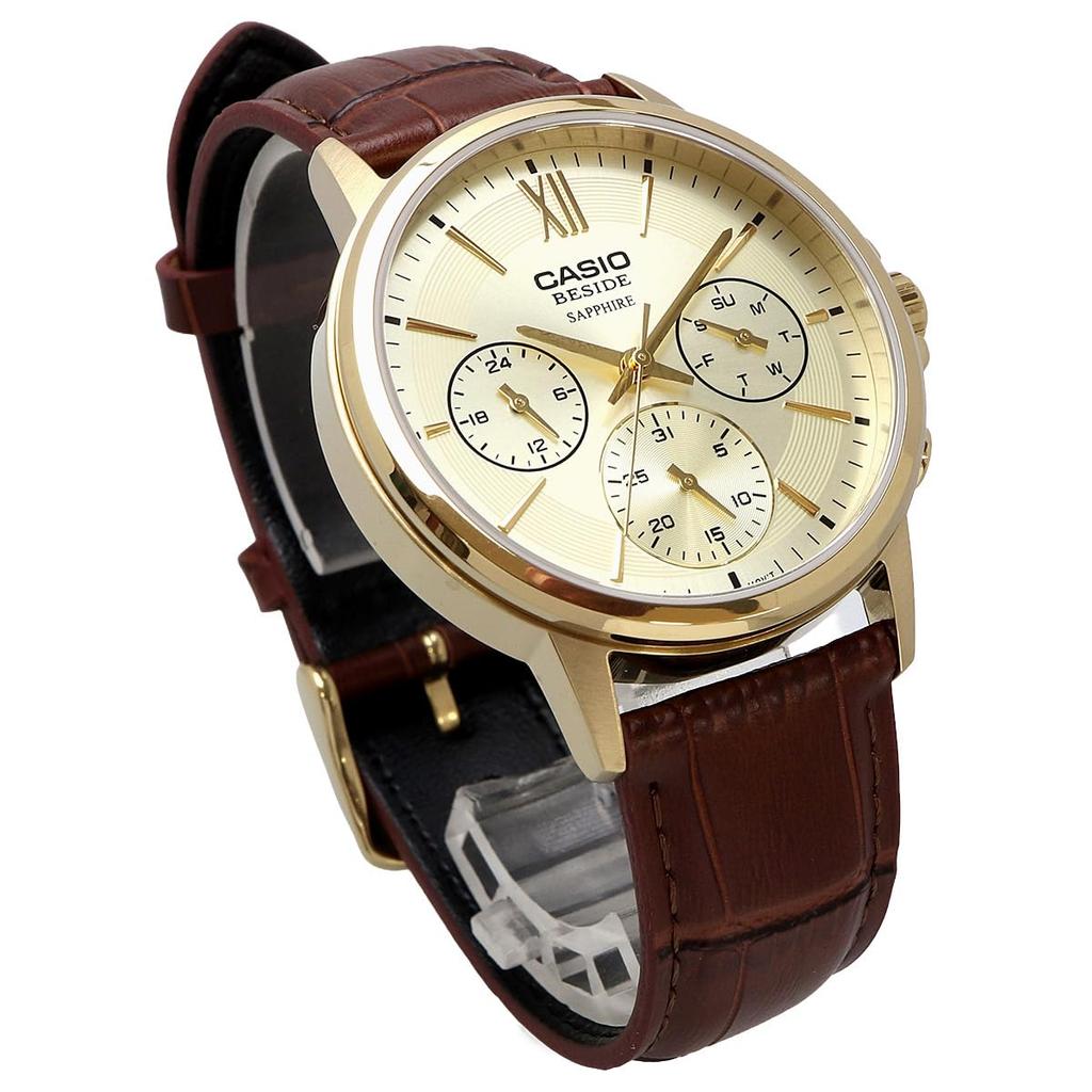 Casio BESIDE Quartz Men's Watch BMS-300GL-5AV Sapphire Glass Brown Leather Band Multi-Axis 24-Hour Display Gold