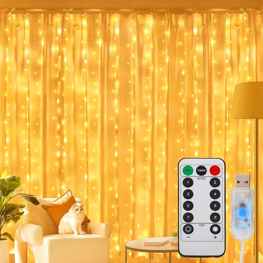 1pc Curtain Lights, 300 LED Curtain Fairy String Lights With Remote, USB 8 Modes 9.8 × 9.8 Ft , Waterproof, Window Room Decor