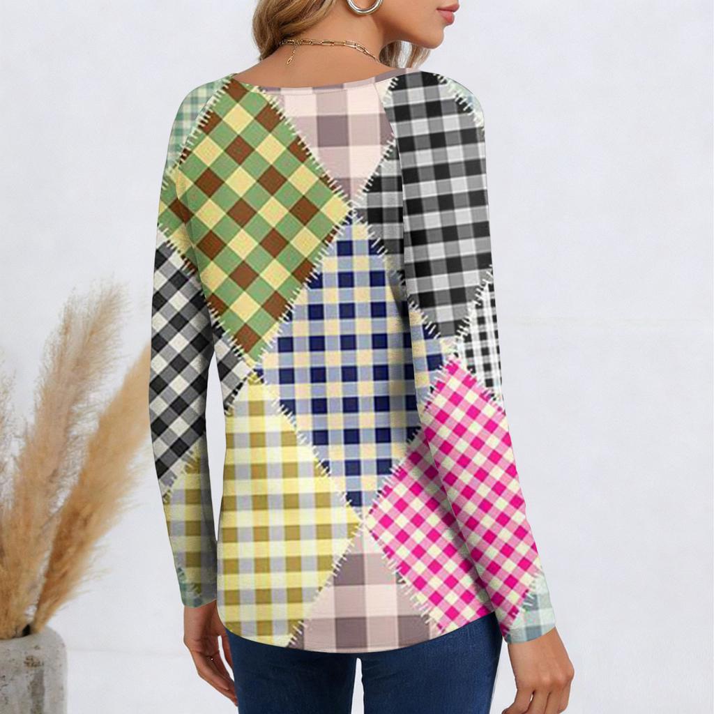Ladies' Plaid Printed Casual and Fashionable Long Sleeved Pullover Top