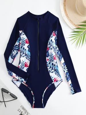 Fashion Women's Long Sleeve Printed One Piece Surf Swimsuit Bikini