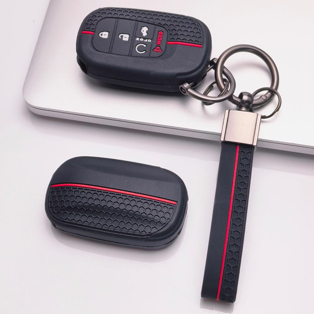 Silicone Car Key Fob Cover for Honda Civic Accord Inspire HRV CRV Pilot Odyssey ZR with Keychain Honeycomb Texture Racing Stripe Car Remote Key Sleeve
