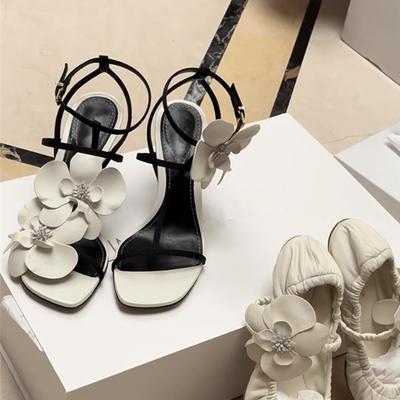 Sandały z kwiatami Damskie buty Nowe letnie sandały slingback Damskie eleganckie buty na imprezę ślubną Kwiatowe wysokie obcasy