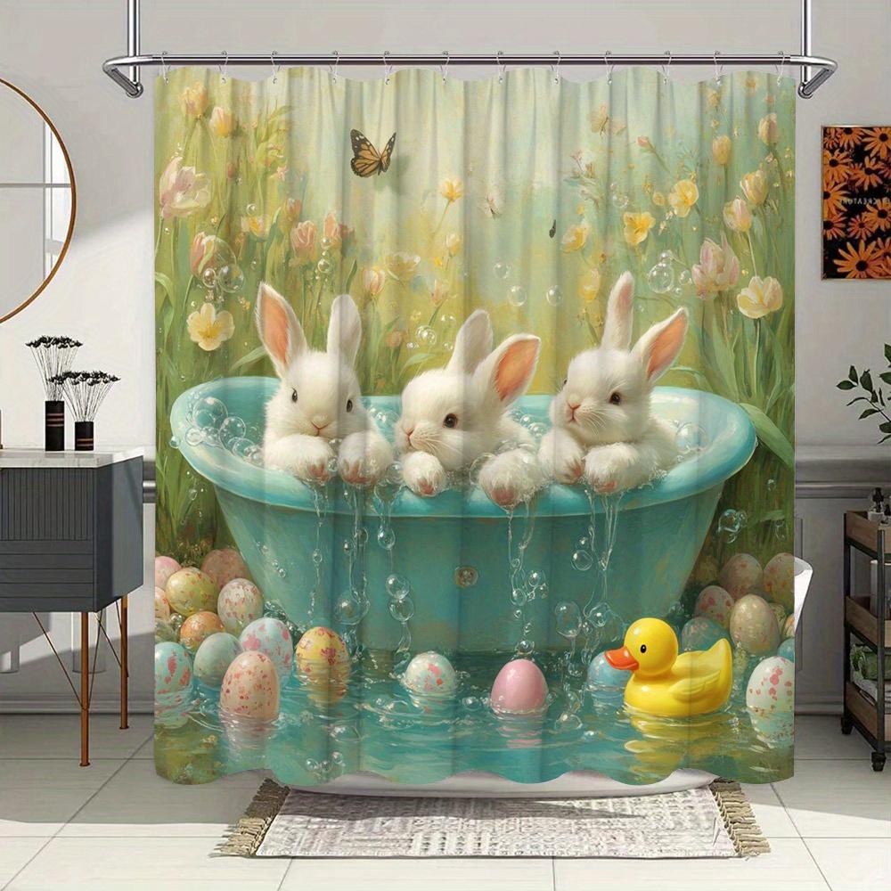 Easter Shower Curtain - Bunnies in Bathtub, Easter Eggs, Spring Garden & Butterflies, Pastel Design, Polyester Bathroom Decor
