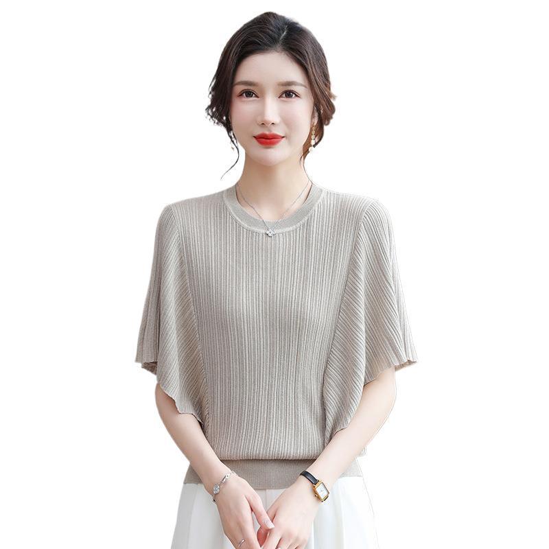 Summer 2026 Ice Silk Batwing Sleeve T-shirt for Women - Stylish, Short Sleeve, Middle-Aged Mom Fit