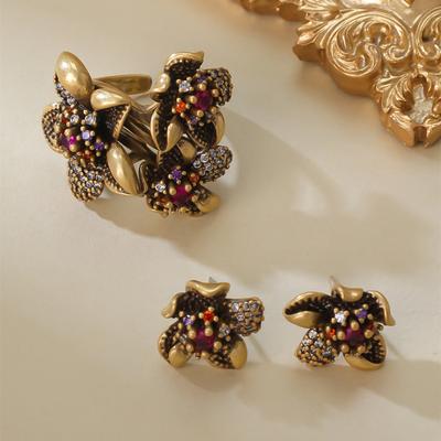 Retro Old Multi-Bouquet Flower Stud Earrings Ring Set Stamen Color Zircon Fashion Niche Ring Women