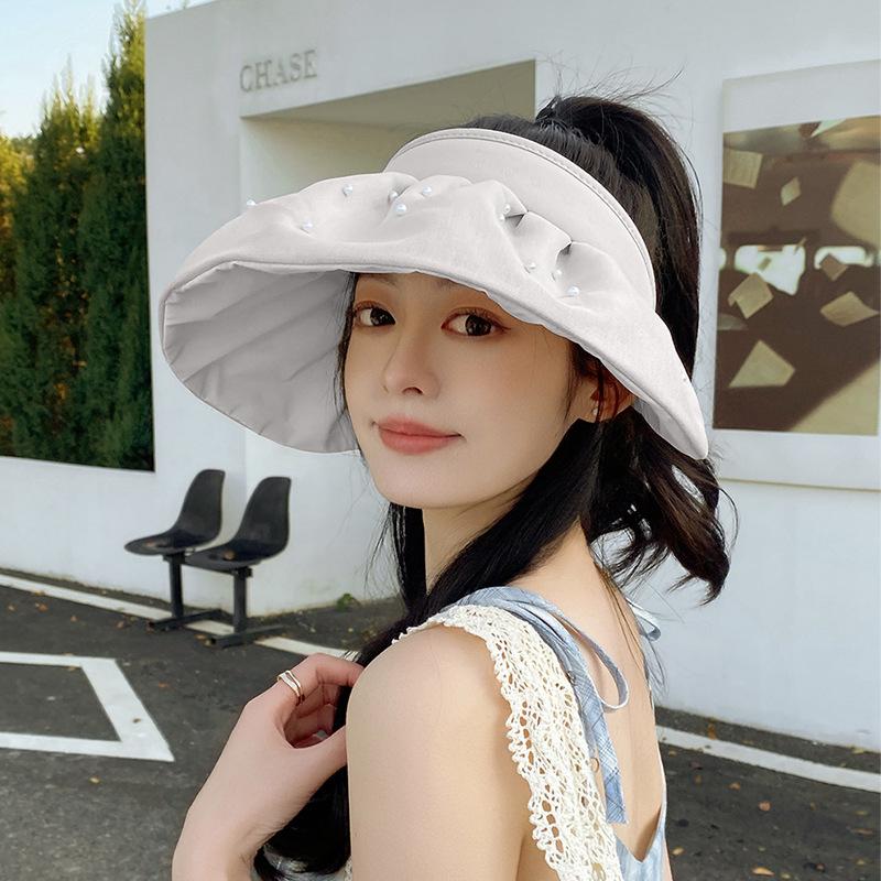 Floral Pearl Large Eave Hollow Top Shell Hat for Women's Summer Sun Protection and Hair Band Sun Hat