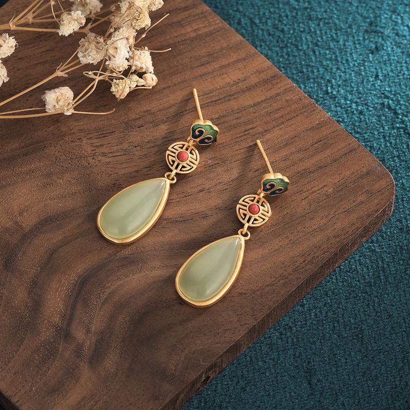 Aieryuan Hanfu Enamel Stud Earrings with Imitation Jade & Southern Red Agate Cloud Design