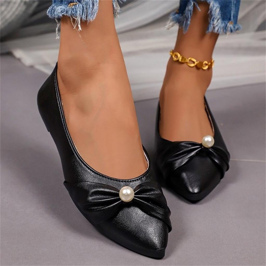 Women's Large Size Pointed Toe Flats Bow Accent Pearl Detail Slip On Casual Comfortable Shoes