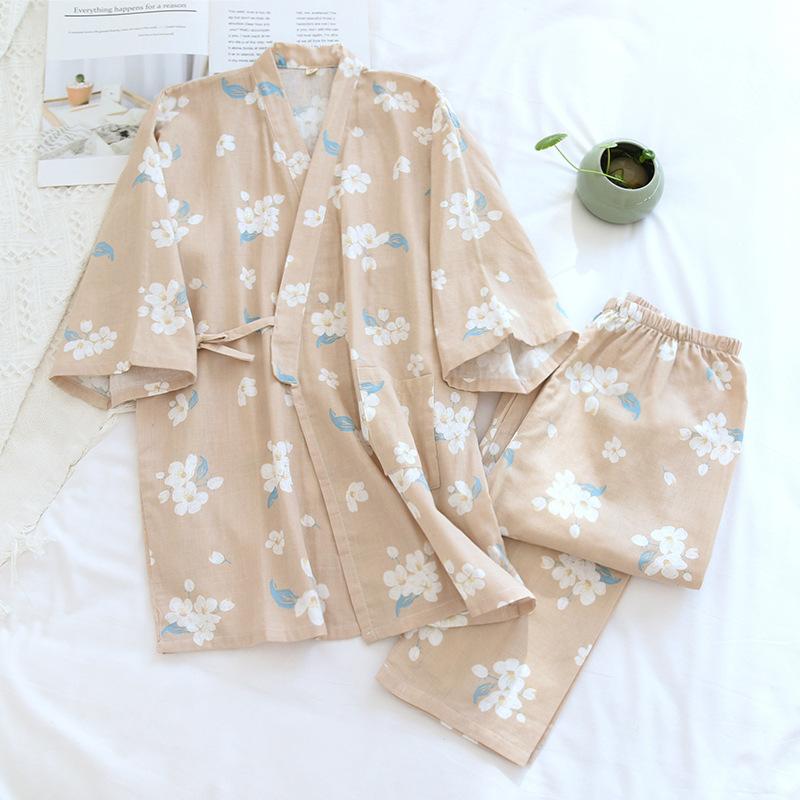 GMXIA Pajamas Women's Spring and Autumn Cotton Gauze Breathable Three-quarter Sleeve Home Wear Two-piece Set Summer Light Style Pajama Sets