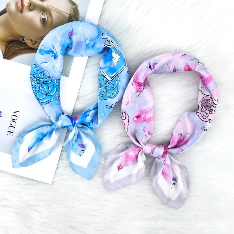 71 Simulation silk blue oil painting small fresh women's square scarf fashion commuter plant flower small silk scarf scarf