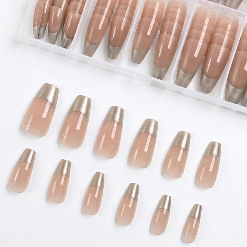 120Pcs/Box Nude Gold French Press On Nails 12Sizes Extra Trapezoid Full Cover Soft Gel False Nail Tips For Nail Extension onesize