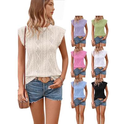 Verão 2025 Feminino Europeu & Americano Gola Redonda Jacquard Solto Camiseta Regata Manga Curta