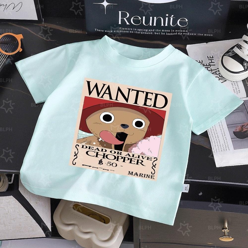 Cute One Piece Tony Tony Chopper Wanted Poster Kids T-Shirt, Adorable Cartoon Character Design, Soft Cotton Tee for Boys Girls