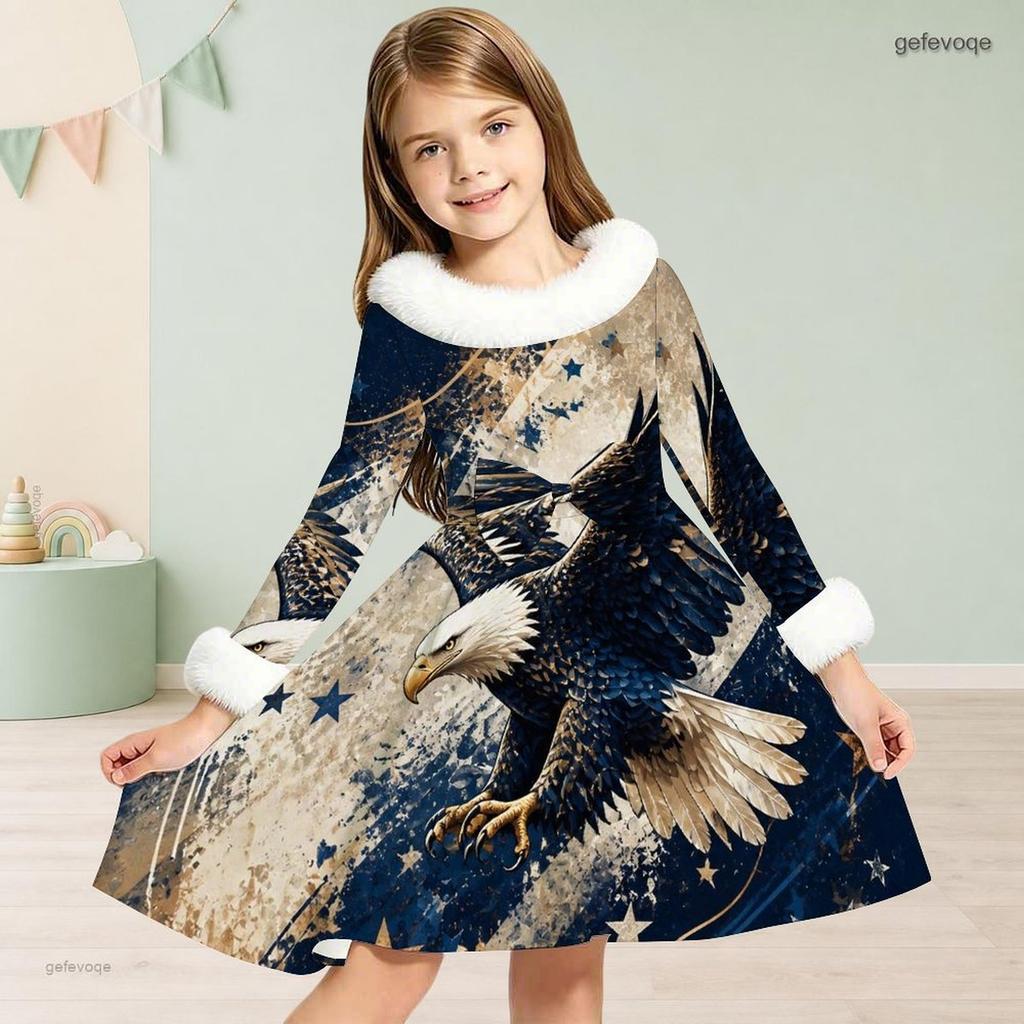 Kids Girls Furry Collar Long Sleeve Star Printed Bow Waist A Line Flared Dress