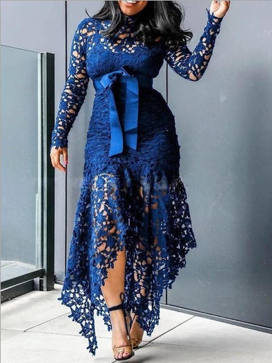 

New Women s Outwear Dresses Wish Lace Hollow Long Sleeve Crew Neck Tie Waist 5 Colors Irregular Dress 5XL синій