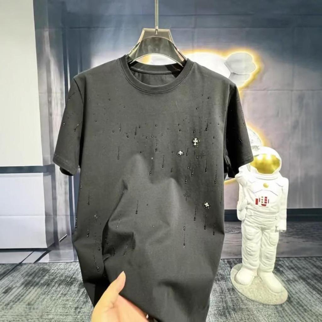 Men's Luxury Rhinestone Wing Tee - Spring/Summer, Short-Sleeve, Statement Fashion, Wide Round Neck.