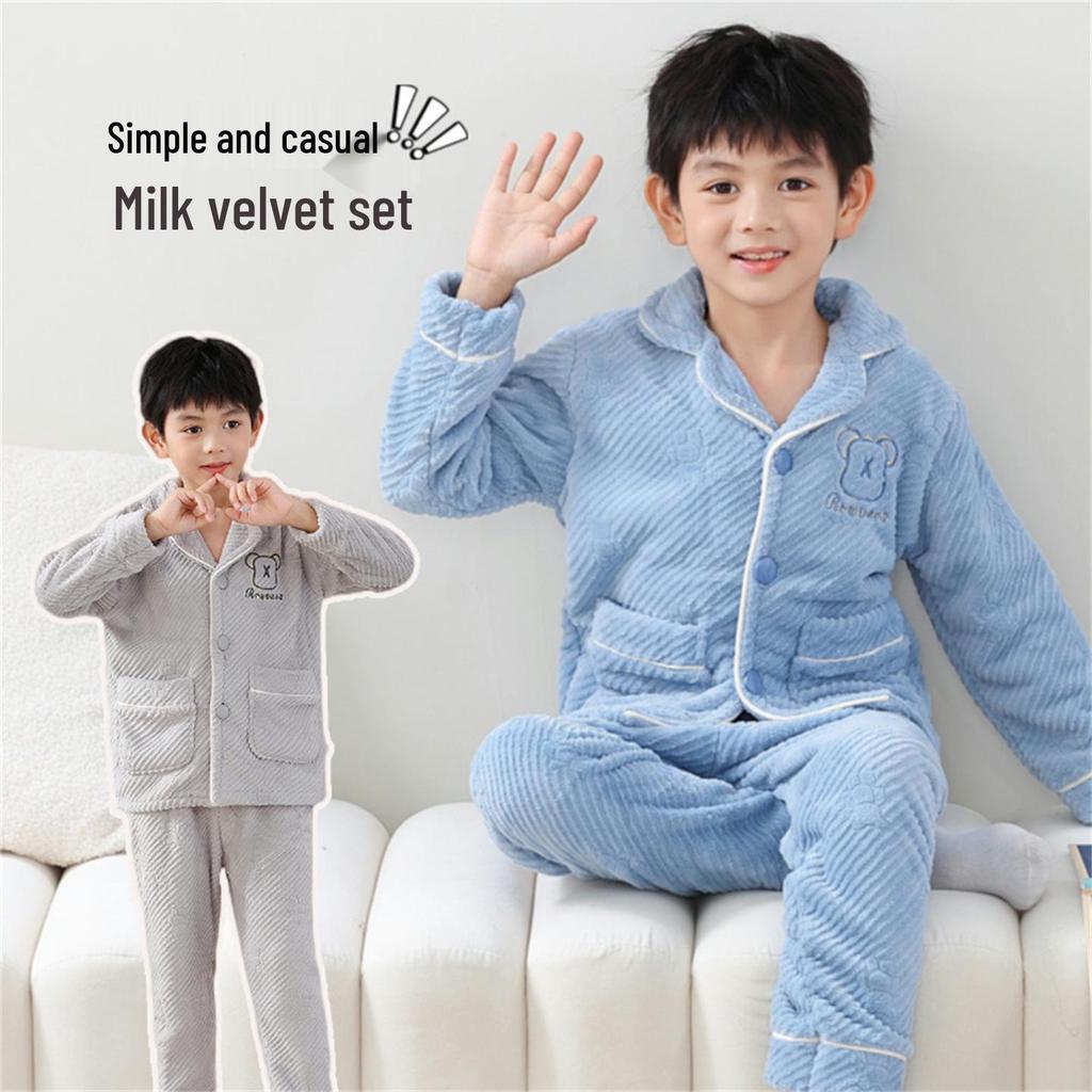 Warm Flannel Boys' Pajamas - Milk Velvet Coral Fleece Winter Sleepwear for Children