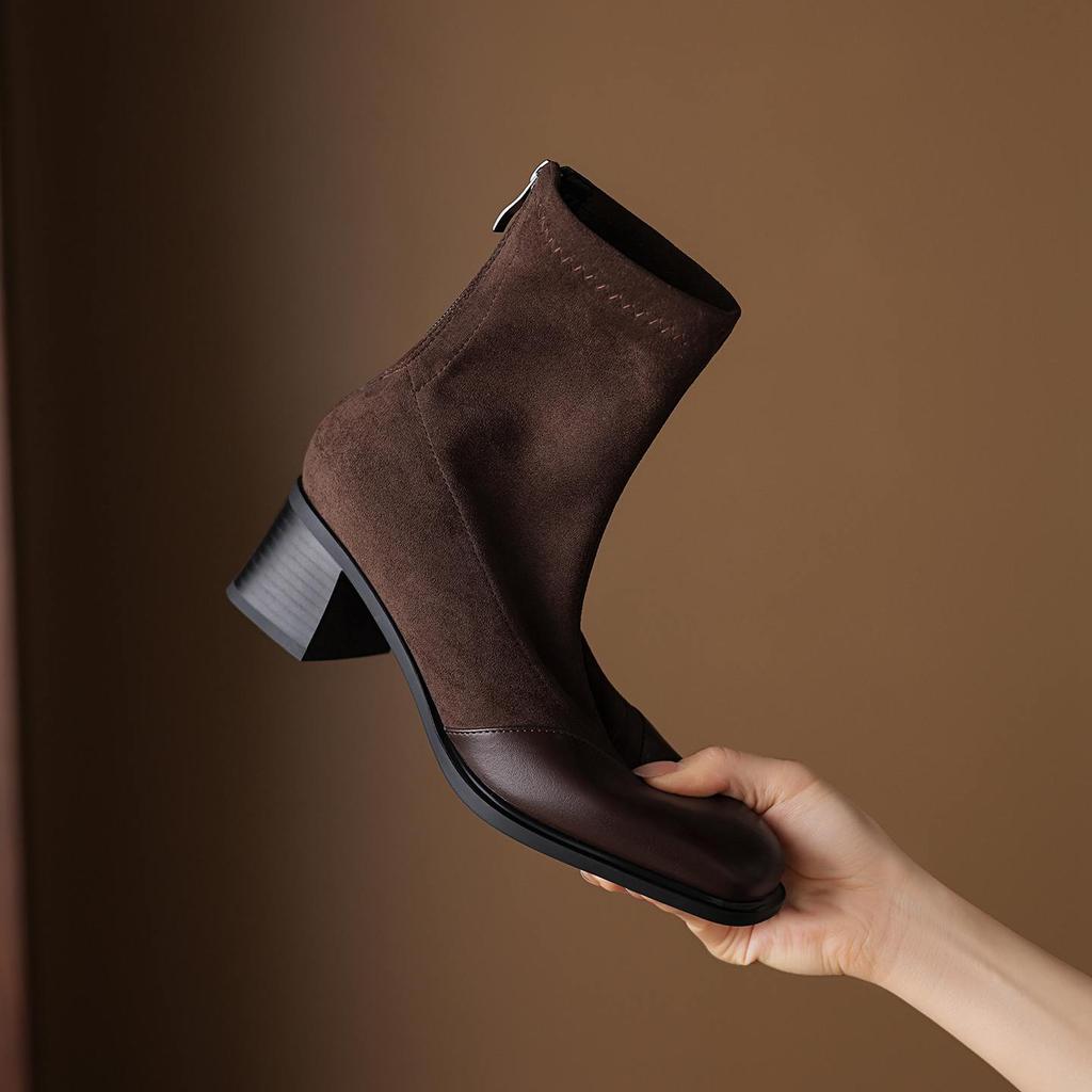 Krazing Pot Microfiber Flock Round Toe Med Heels Elastic Boots Size 43 Slip On Women Patch Work Ankle Boots