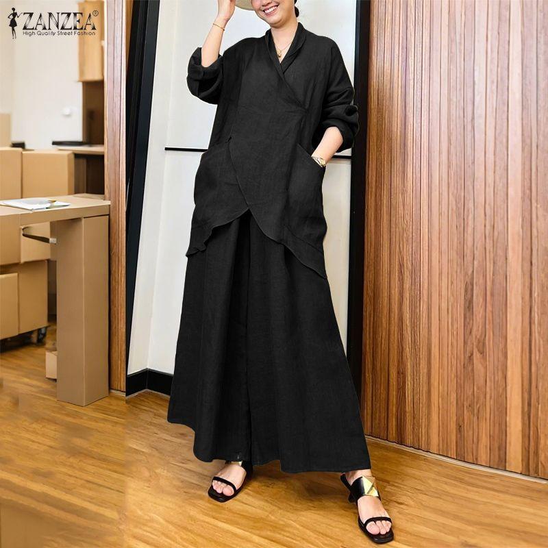 ZANZEA Dámská halenka s dlouhým rukávem a kalhoty se širokými nohavicemi, ležérní dvoudílné soupravy