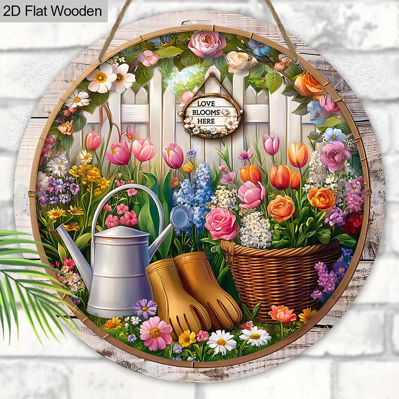 Wooden Sign with Blooming Flowers Pattern - Charming Round Ornament for Front Door, Wall, Yard Hanging Decor - Ideal Gift for Friend