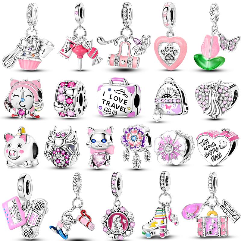 Colorful Heart Murano Glass Flower Travel Pink Charm Bead Components Copper Metal Compatible With Authentic Original Bracelet High Quality Fine